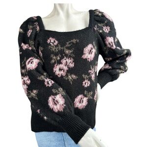 Anthropologie Black & Pink Floral Print Square Neck Fuzzy Puff Sleeve Sweater